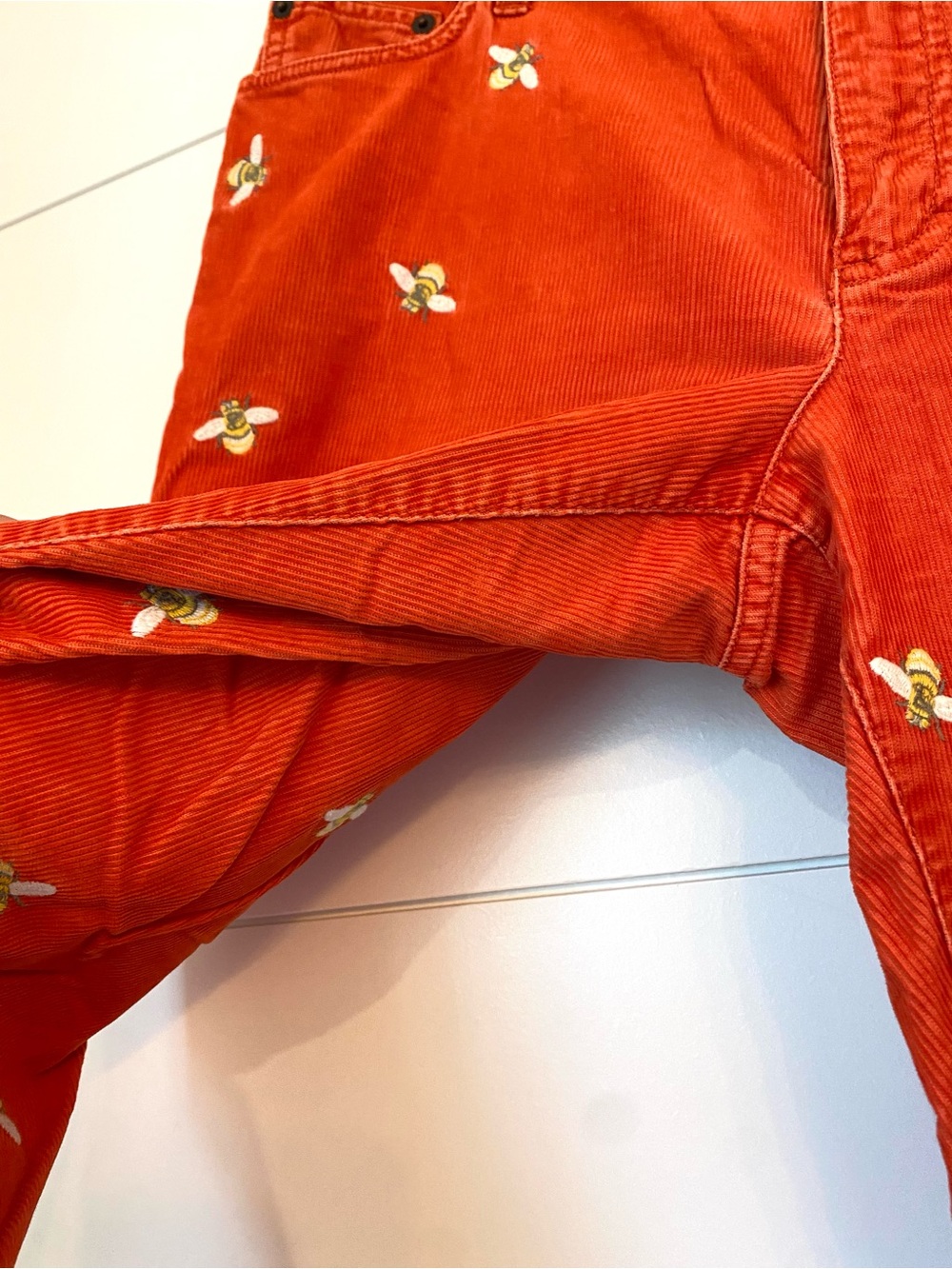 J. Crew Bright Orange Corduroy Pants with bumblebee embroidery. Size 12. - Picture 8 of 9